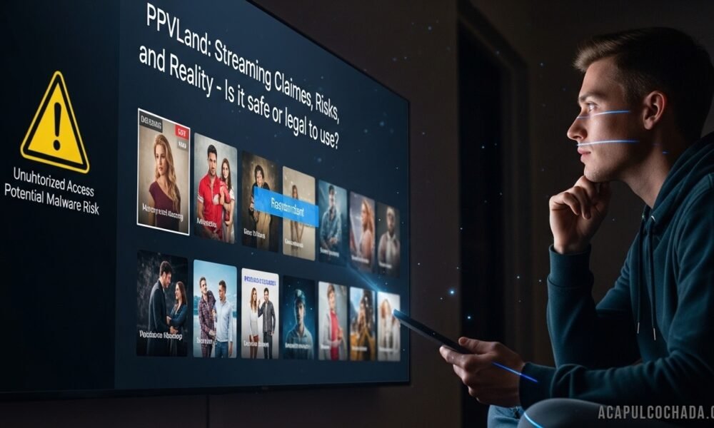 Screenshot-style illustration of a live sports streaming page with warning icons, highlighting risks of unofficial pay-per-view platforms like ppvland.