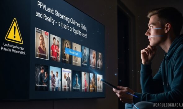 Screenshot-style illustration of a live sports streaming page with warning icons, highlighting risks of unofficial pay-per-view platforms like ppvland.