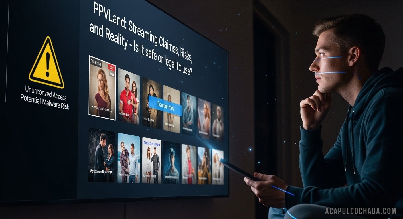 Screenshot-style illustration of a live sports streaming page with warning icons, highlighting risks of unofficial pay-per-view platforms like ppvland.