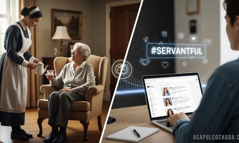 Illustration of a person helping others with a smile, symbolizing empathy, service, and the qualities of being servantful.